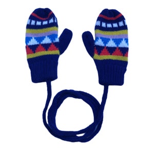 Kids Mittens on a string - Navy Fairisle Lambswool Knitted Gloves