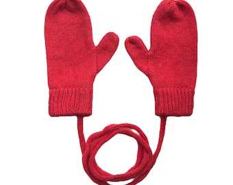 Red Kids Mittens on a String for children boys/girls - available in various sizes / Soft Lambswool Knitted Kids Gloves by Karen Knits Shop