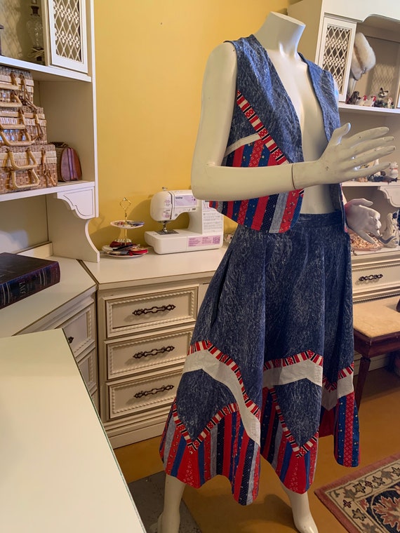 Vintage denim patchwork skirt and vest set.