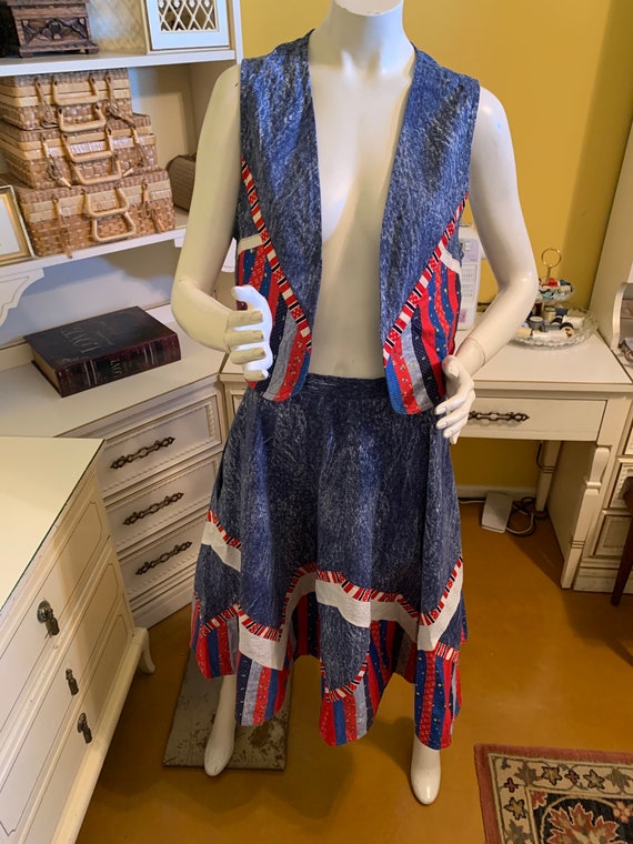 Vintage denim patchwork skirt and vest set. - image 8