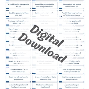 May include: A set of 20 blue and white affirmation cards with positive messages. The cards feature a blue border and white text. The cards are arranged in a grid pattern.