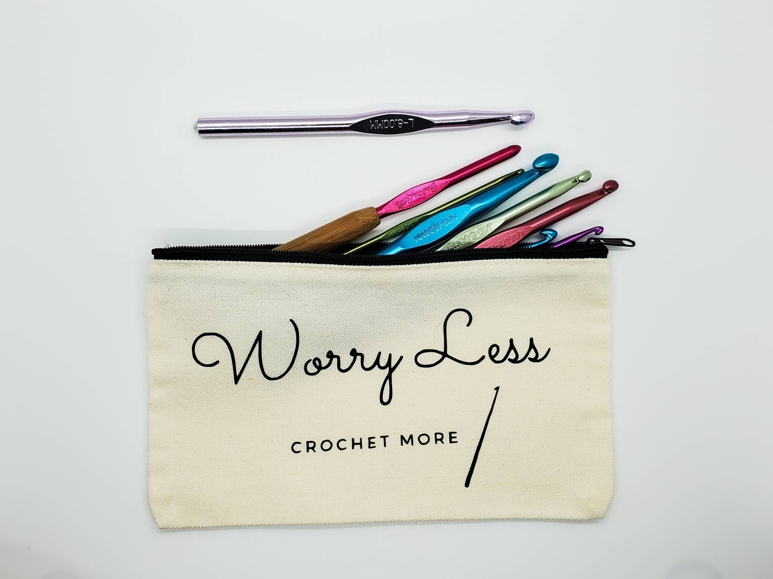 Crochet Hook Bag, Craft Bag, Canvas Makeup Bag Worry Less Crochet More 
