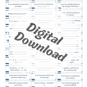 May include: A set of 24 blue and white cards with inspirational quotes about love. The cards feature a variety of romantic sayings, such as "Love is the thread that ties hearts together" and "A loving heart is the key to happiness".