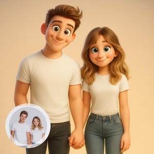 Può includere: Illustrazione digitale di una coppia sorridente che si tiene per mano, entrambi con magliette bianche e jeans. L'uomo ha i capelli castani e la donna ha i capelli biondi ondulati. Un'immagine più piccola di una coppia con abiti simili si trova nell'angolo in basso a sinistra.