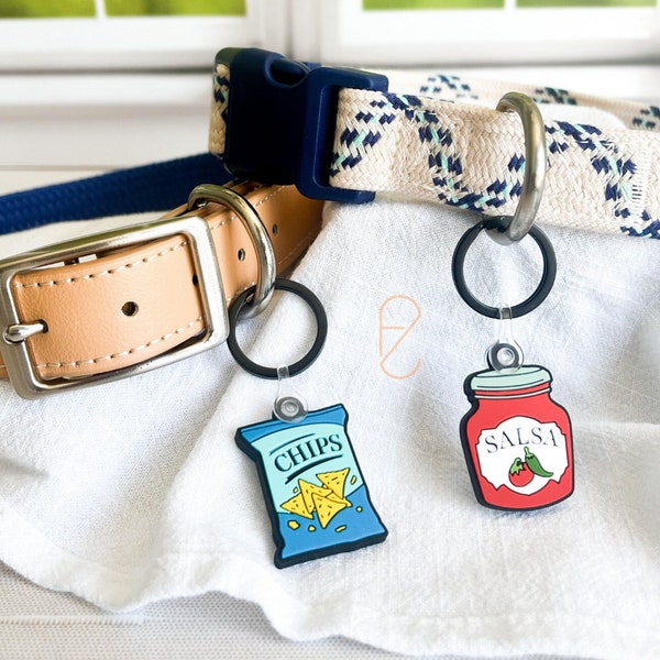 Dog Tag - Set of 2 - Custom Dog Collar Accessory - Quiet Dog Tag - Chips and Salsa Charm - Snack Lovers - Taco Tuesday Themed