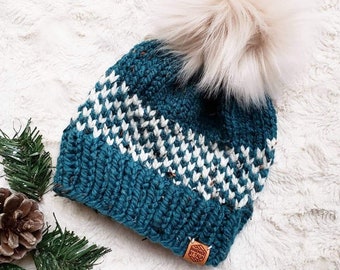 Teal Baby Winter Hat with Latte Faux Fur Pom