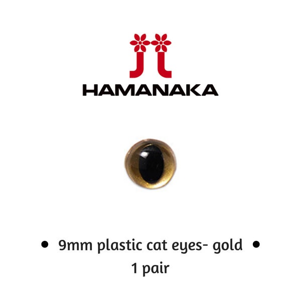 1 x pair- Hamanaka 9mm Gold Cat Eyes for Making Dolls and Toys. Doll Making Accessories.