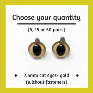 7.5mm Gold Plastic Cat Eyes for Making Dolls and Toys.