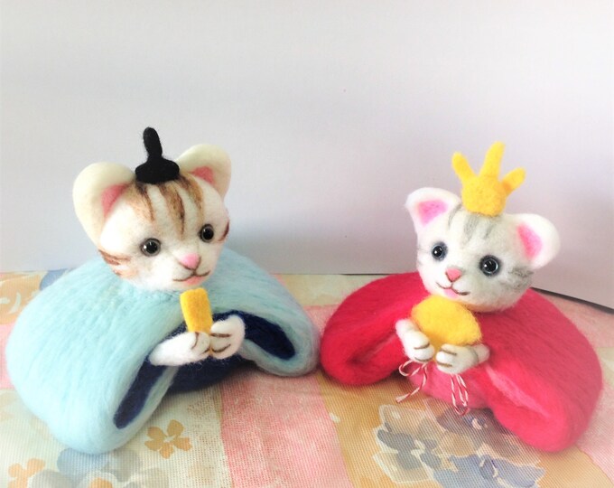 Needle Felted Japanese Cat Dolls Pair Blue and Pink Etsy