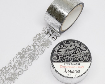 Kamiiso Monde Clear Decorative Tape - Silver Floral Pattern (Made in Japan)