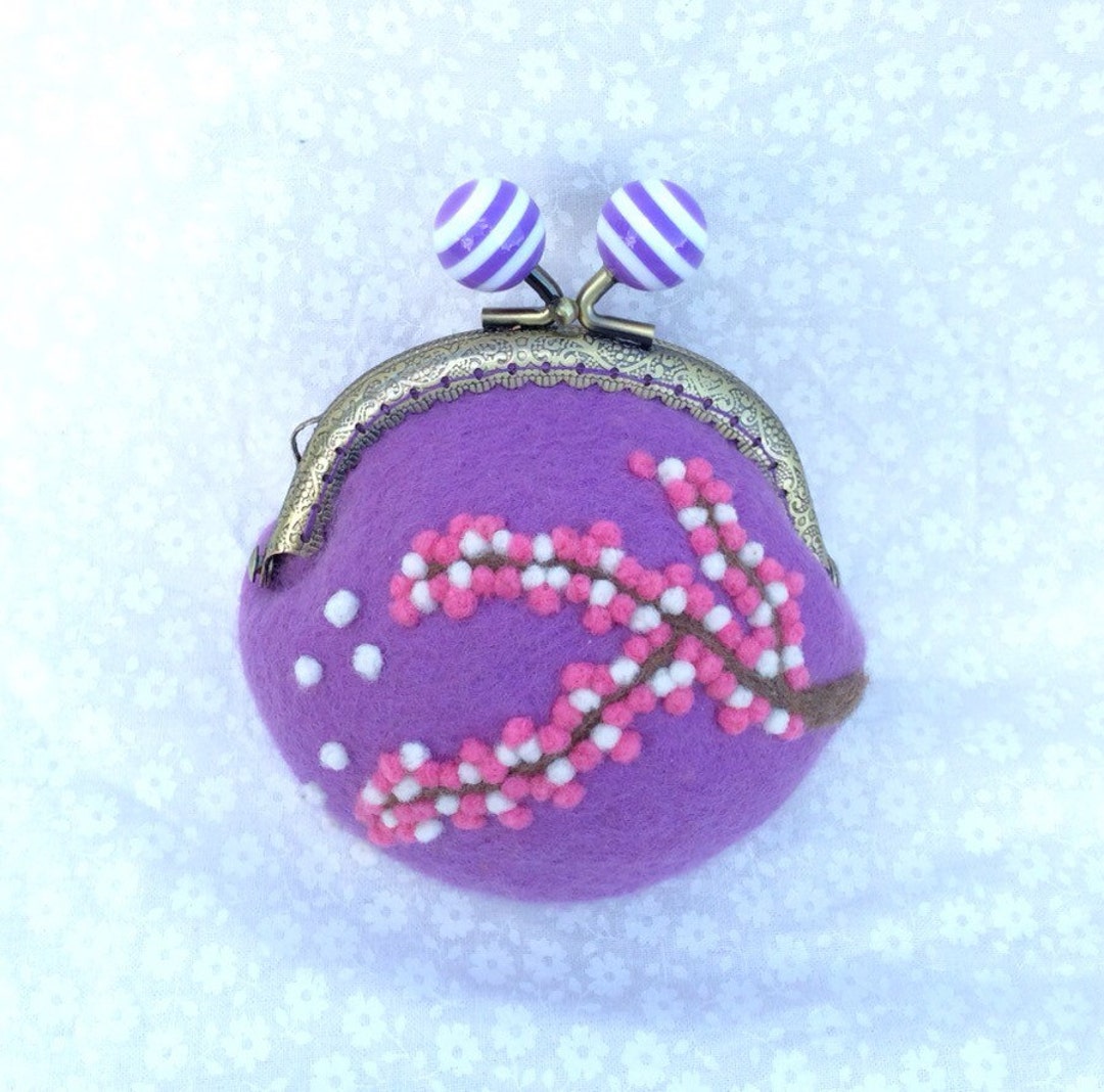 Wet Felted Purse. Purple Coin Purse With a Sakura Decoration. Etsy
