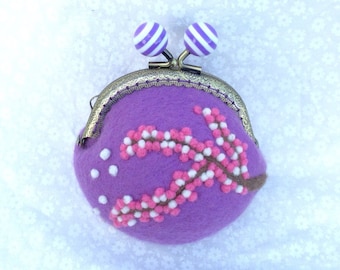 Wet felted purse. Purple coin purse with a sakura decoration.