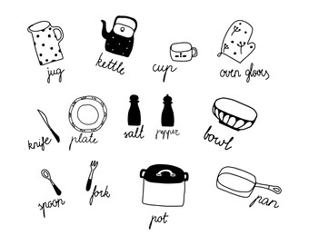 Hand drawn kitchen doodles - kitchen tools clipart set svg - kitchen svg - cooking svg - cooking items svg