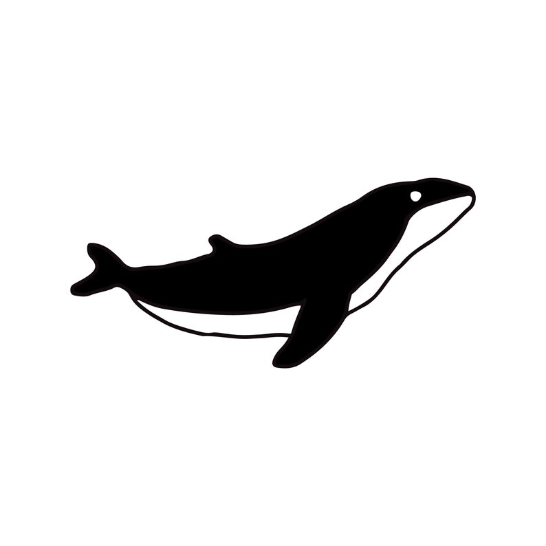 Peut inclure: Illustration en noir et blanc d'une baleine. La baleine est repr&eacute;sent&eacute;e de profil, avec un corps noir et un ventre blanc. L'image a un style simple, de type dessin anim&eacute;, sur fond blanc.