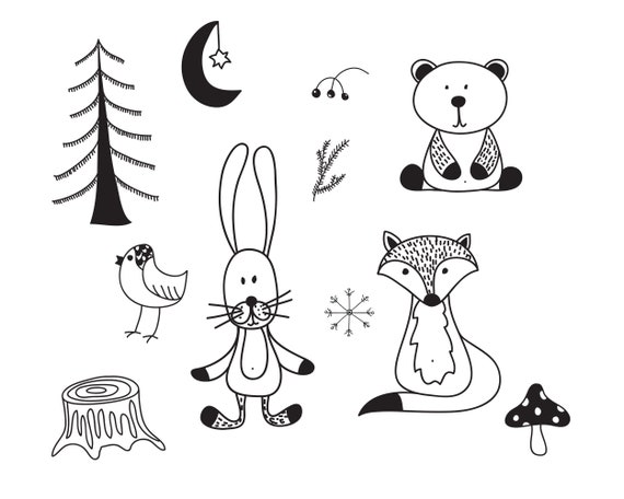 Wald Tiere Doodle Wald Clipart Svg Wald Kommerzielle Nutzung Etsy