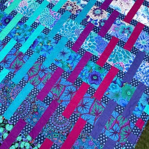 Kaffe Fassett Lap Quilt, Blues, Purples, Dots, Florals, Woven Pattern, Zen Chic Blenders, Handmade