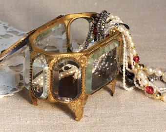 Antique Beveled Glass Jewelry Box, Wedding Ring Box, Jewelry Box, Engagement Ring Box, French Romantic Decor