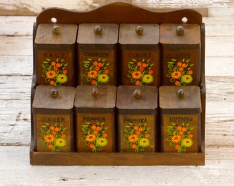 Set of 8 Canister Set, Mid century flowers 1950s wood spice boxes, kitchen decor  era, Folk Art Wooden Kitchen
