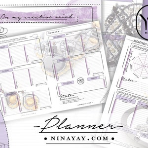 May include: A printable planner with a purple and white color scheme. The planner includes sections for weekly scheduling, monthly summaries, goal setting, and life balance. The text "On my creative mind" and "Planner" are featured on the pages.