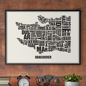 Vancouver BC Canada Type Map Screen Print, Neighbourhood Map, City Map, Text Map, Font Map, Type Art, Typography, handmade design