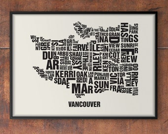 Vancouver BC Canada Type Map Screen Print, Neighbourhood Map, City Map, Text Map, Font Map, Type Art, Typography, handmade design