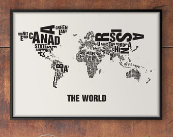 THE WORLD Type Map Screen Print, Neighbourhood Map, City Map, Text Map, Font Map, Type Art, Typography, handmade design