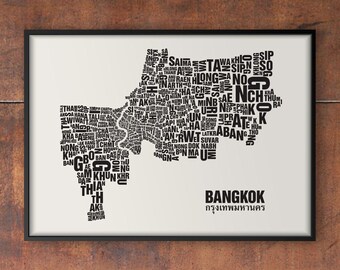 BANGKOK Thailand Type Map Screen Print, Neighbourhood Map, City Map, Text Map, Font Map, Type Art, Typography, handmade design