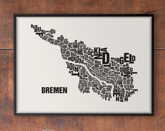 BREMEN Germany Type Map Screen Print, Neighbourhood Map, City Map, Text Map, Font Map, Type Art, Typography, handmade design