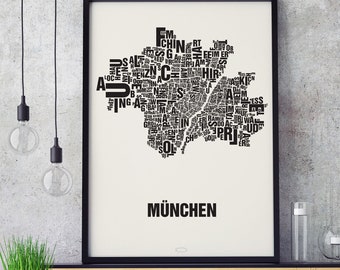 MUNICH München Germany Type Map Screen Print, Neighbourhood Map, City Map, Text Map, Font Map, Type Art, Typography, handmade design