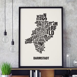 DARMSTADT Germany Type Map Screen Print, Neighbourhood Map, City Map, Text Map, Font Map, Type Art, Typography, handmade design