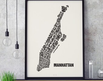 Manhattan, New York City NY Type Map Screen Print, Neighbourhood Map, City Map, Text Map, Font Map, Type Art, Typography, handmade design