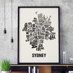 SYDNEY Australia Type Map Screen Print, Neighbourhood Map, City Map, Text Map, Font Map, Type Art, Typography, handmade design