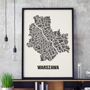 WARSAW Warszawa Poland Type Map Screen Print, Neighbourhood Map, City Map, Text Map, Font Map, Type Art, Typography, handmade design