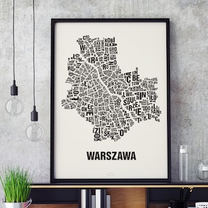 WARSAW Warszawa Poland Type Map Screen Print, Neighbourhood Map, City Map, Text Map, Font Map, Type Art, Typography, handmade design