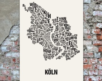 COLOGNE / Köln Germany Typographic Map Screen Print, Neighbourhood Map, City Map, Text Map, Font Map, Type Art, Map Print, handmade design