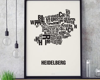 HEIDELBERG Germany Type Map Screen Print, Neighbourhood Map, City Map, Text Map, Font Map, Type Art, Typography, handmade design