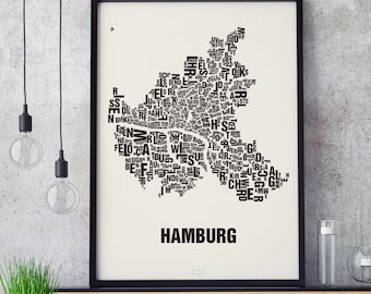 HAMBURG Germany Type Map Screen Print, Neighbourhood Map, City Map, Text Map, Font Map, Type Art, Typography, handmade design