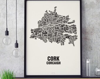 CORK Corcaigh Ireland Type Map Screen Print, Neighbourhood Map, City Map, Text Map, Font Map, Type Art, Typography, handmade design