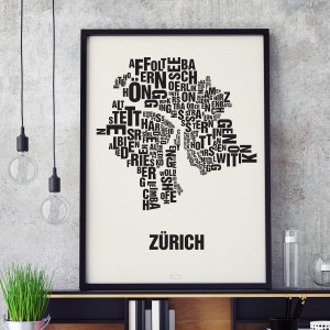 ZURICH Zürich Type Map Screen Print, Neighbourhood Map, City Map, Text Map, Font Map, Type Art, Typography, handmade design