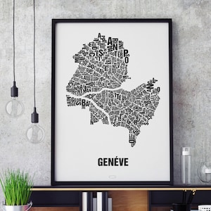 GENEVA Genéve Type Map Screen Print, Neighbourhood Map, City Map, Text Map, Font Map, Type Art, Typography, handmade design