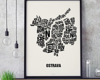 OSTRAVA Type Map Screen Print, Neighbourhood Map, City Map, Text Map, Font Map, Type Art, Typography, handmade design