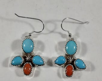 Turquoise and Red Coral Earrings
