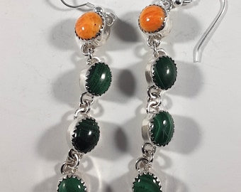Orange Spiny Oyster Shell and Malachite Earrings