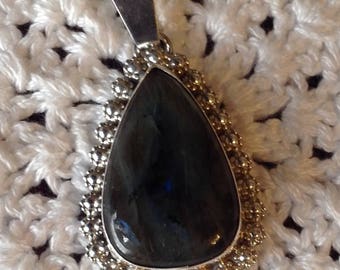 Sterling Silver Labradorite Pendant, Beaded Silver Accent