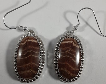 Sterling Silver Rhodochrosite Earrings, Dotted Silver Setting
