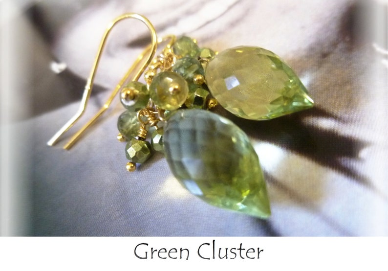 Green quartz earrings. Green apatite earrings. Green briolette earrings. Green cluster earrings. Gold vermeil 925 silver. Luxe earrings image 3