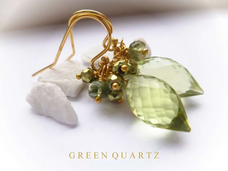 Green quartz earrings. Green apatite earrings. Green briolette earrings. Green cluster earrings. Gold vermeil 925 silver. Luxe earrings image 6