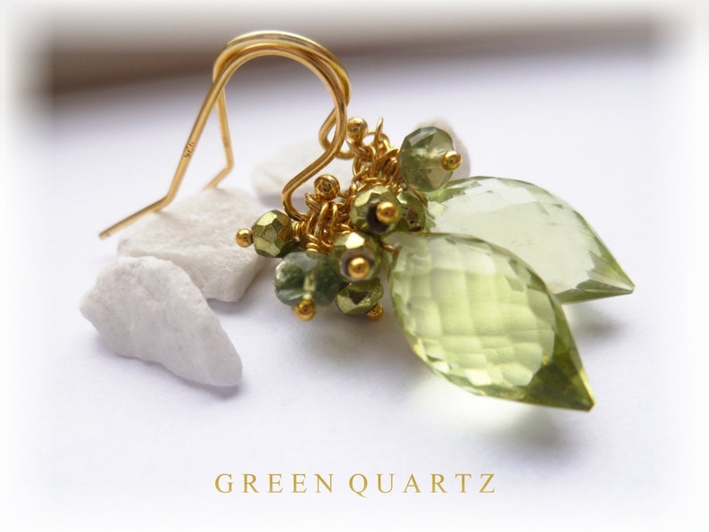 Green quartz earrings. Green apatite earrings. Green briolette earrings. Green cluster earrings. Gold vermeil 925 silver. Luxe earrings image 2