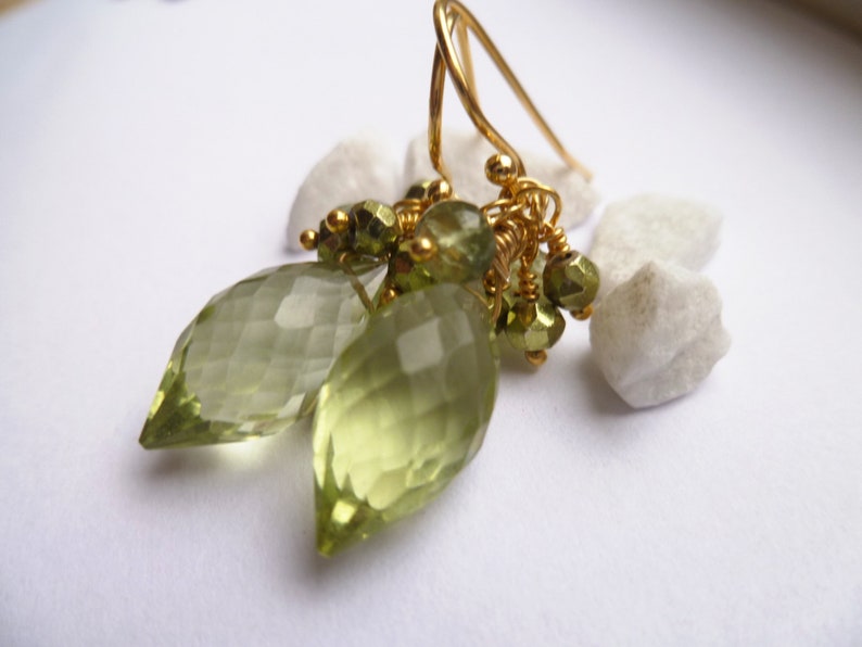 Green quartz earrings. Green apatite earrings. Green briolette earrings. Green cluster earrings. Gold vermeil 925 silver. Luxe earrings image 10