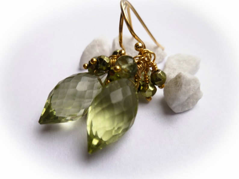 Green quartz earrings. Green apatite earrings. Green briolette earrings. Green cluster earrings. Gold vermeil 925 silver. Luxe earrings image 4